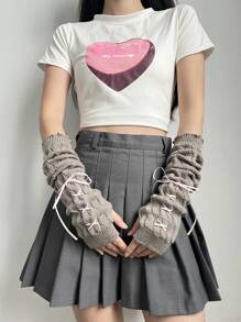 1 Pair Girls Ballet Style Arm Warmers, Autumn/Winter Fingerless Gloves Knitted Arm Sleeves With Criss-Cross Ribbon Tassel Decor, White Fingerless Gloves Arm Sleeves, Black Knitted Gloves, Y2K Streetwear Style - 251# - View 16