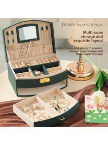 1pc Elegant Fan-Shaped 2-Layer Faux Leather Jewelry Box With Lock, Makeup Mirror, Large Capacity Dual-Option Necklace, Earring, Ring Storage, Soft Drawer, Ideal Gift For Women And Girls