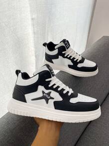 男士时尚黑白拼色字母星星图案增高休闲滑板鞋，百搭户外个性化高帮运动鞋，适合青少年和情侣 - 白黑 - 查看 5