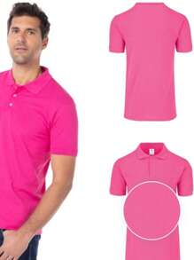 Playera Rosa para Hombre, Tipo Polo, Manga Corta, 2 Botones, Cuello Camisero, Cómoda, Suave, Fresca, Multi Combinable, Semi Formal, Polera Casual para Dama y Caballero Unisex Básica del Armario - Rosa - Ver 2