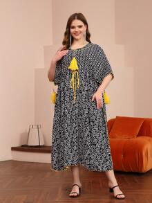 花卉印花阿拉伯优雅连衣裙，配流苏领带蝙蝠袖，时尚与创意，2025 年春夏，斋月 - 寶藍色 - 查看 10