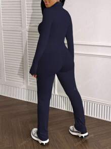 2pcs Women Spring Autumn Casual Set, Fashion Fitted Solid Color Zip-Up Jacket And Long Pants