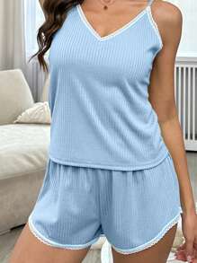 2pcs Women Floral Trimmed Contrast Color Cami Top And Shorts Pajama Set, Spring/Summer, Two Pieces Set - Baby Blue - View 1
