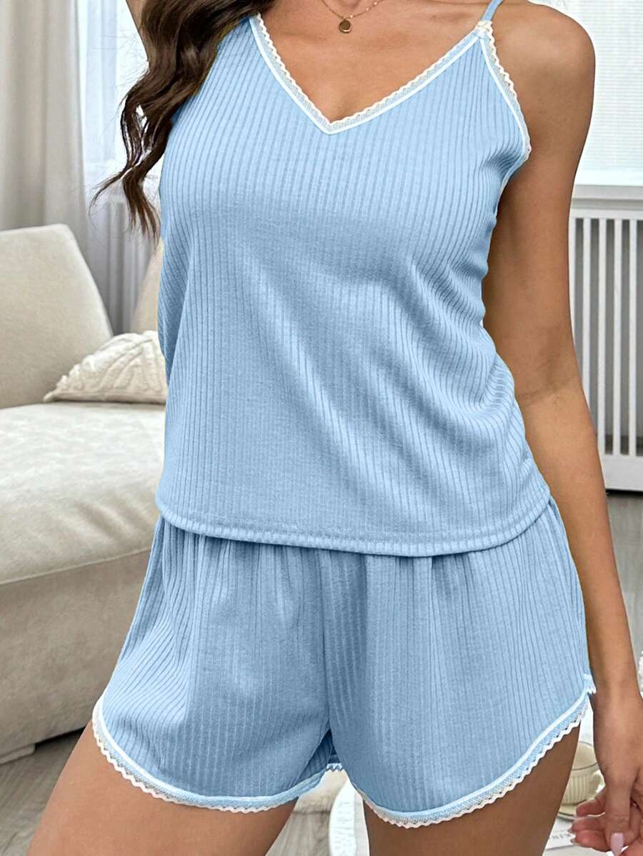 2pcs Women Floral Trimmed Contrast Color Cami Top And Shorts Pajama Set, Spring/Summer, Two Pieces Set - Baby Blue - View 1