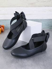 1 par de bailarinas de ballet con lazo elástico de unicolor para niñas, suaves y cómodas para la escuela, el transporte, actuaciones, todo el año - Negro - Ver 4