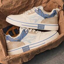 春季男士时尚休闲系带运动鞋新款休闲运动平底白鞋学生滑板鞋 - 藍白色 - 查看 2