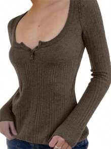 Women Long Sleeve T-Shirts Solid Color Buttons Sqaure Neck Casual Shirts Spring Fall Fashion Slim Fit Knit Tops Streetwear - Brown - View 2