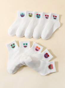 10 Pairs Kids Smiling Face & Heart Print Soft Comfortable Socks - White - View 3