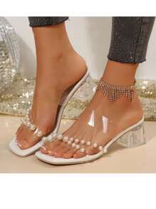 时尚透明高跟凉鞋夏季穆勒鞋，露趾水晶装饰优雅高跟鞋，适合派对、婚礼、万圣节、音乐节，适合女性 - 白色 - 查看 4