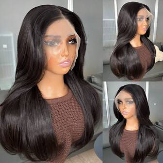 Kanekalon Futura שיער שחור 13x4 סינתטי תחרה מול פאות לנשים 18 אינץ בינוני ארוך גלי פוני וילון ללא דבק Kanekalon שיער סינטטי עמיד פאות חלק אמצעי 150% צפיפות קו שיער טבעי פאות ללא דבק עבור אופנה נשים בנות מסיבה חופשה מופע איפור שימוש יומיומי ללבוש