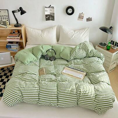 1 vỏ chăn sọc xanh lá cây, thích hợp cho phòng ngủ và phòng khách, thiết kế tối giản cho mọi mùa, có thể giặt bằng máy và giặt bằng tay