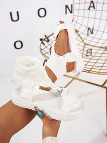 Summer Thick-Sole Sandals, Women's Strap Knitted Comfortable Breathable Round Ring Decor Plus Size Thick-Sole Sandals, Stylish & Versatile Woven Elastic Lightweight Casual White Sandals, College Style Roman Sandals, Outdoor Thick-Sole Sandals