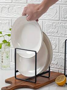 1pc Kitchen Cabinet Dish Rack With Drainage System, Multifunctional Adjustable Plate & Bowl Storage Organizer, Suitable For Standard & Salad Plates - Black - View 2