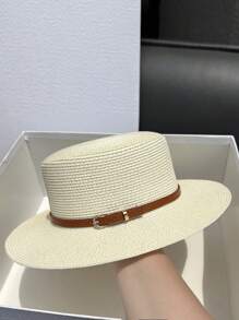 Wide Brim Sun Hat, Flat Top, Vintage Chic For Women, Suitable For Beach, Travel, Casual, Straw Braid, No Wind Protection, UVB Protection, Polyester Fiber, Spring/Summer