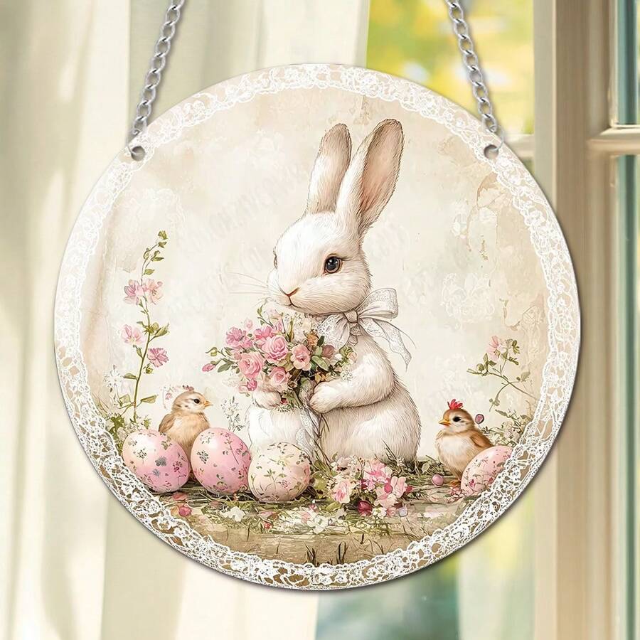 1 Piękny Biały Królik Trzymający Kwiaty Otoczony Pisankami, 2D Akrylowa Dekoracyjna Wisiorka Z Elementami Wielkanocnymi, Modna I Elegancka, Jest Drzwiami I Ścianą Wisząca, Okna I Ogrodowe Dekoracje Zewnętrzne, Dekoracje Na Codzienne Spotkania Świąteczne, Najlepszy Prezent Dla Rodziny I Przyjaciół