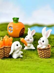 4 Pieces Set Of Charming White Rabbit Statues With Carrot And Mushroom Accents Perfect For Easter And Party Tabletop Decoration Plastic Is Perfect For Winter And New Year
