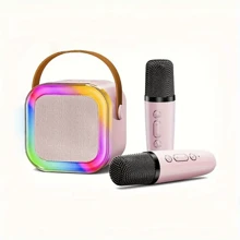 Karaoke Speaker With Microphone Set, Small Speaker, Home Karaoke Machine, In Pink, Blue, And White Colors, Comes With 2 Microphones, Portable Handheld Karaoke Microphone Speaker