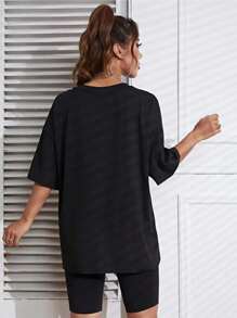Brooklyn Letter Printed Shoulder Down T-Shirt, Casual Short Sleeved Oversized T-Shirt, Women's Clothing,Soft And Comfortable Cotton - 黑色 - 查看 2