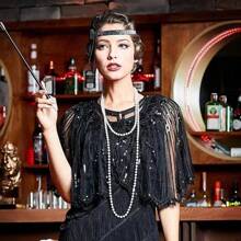 Vintage 1920s Flapper Shawl Sequin Beaded Short Cape Beaded Decoration Gatsby Party Mesh Short Cover Up Dress Accessory