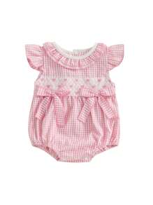Baby Girls Plaid Bow Embroidery Romper - Ruffled Sleeveless Jumpsuit For Infants - Pink - View 2