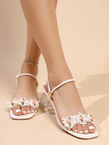 Summer New Design Princess Flower Embellished Chunky Heel Sandals With Rhinestones And Strap Buckle For Women - White - View 5