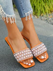 超大号女式夏季户外休闲时尚仿珍珠装饰系带凉鞋，尺码 35-43，日常搭配连衣裙，平底凉鞋 - 淺橙色-香檳鑽大珍珠 - 查看 3