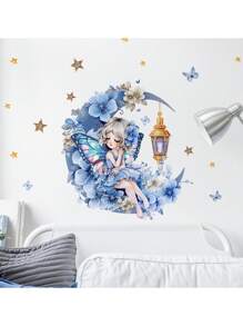 1 件优雅月亮舞动女孩花蝴蝶墙贴，自粘艺术贴花适用于卧室、儿童房装饰 - 彩色 - 查看 2