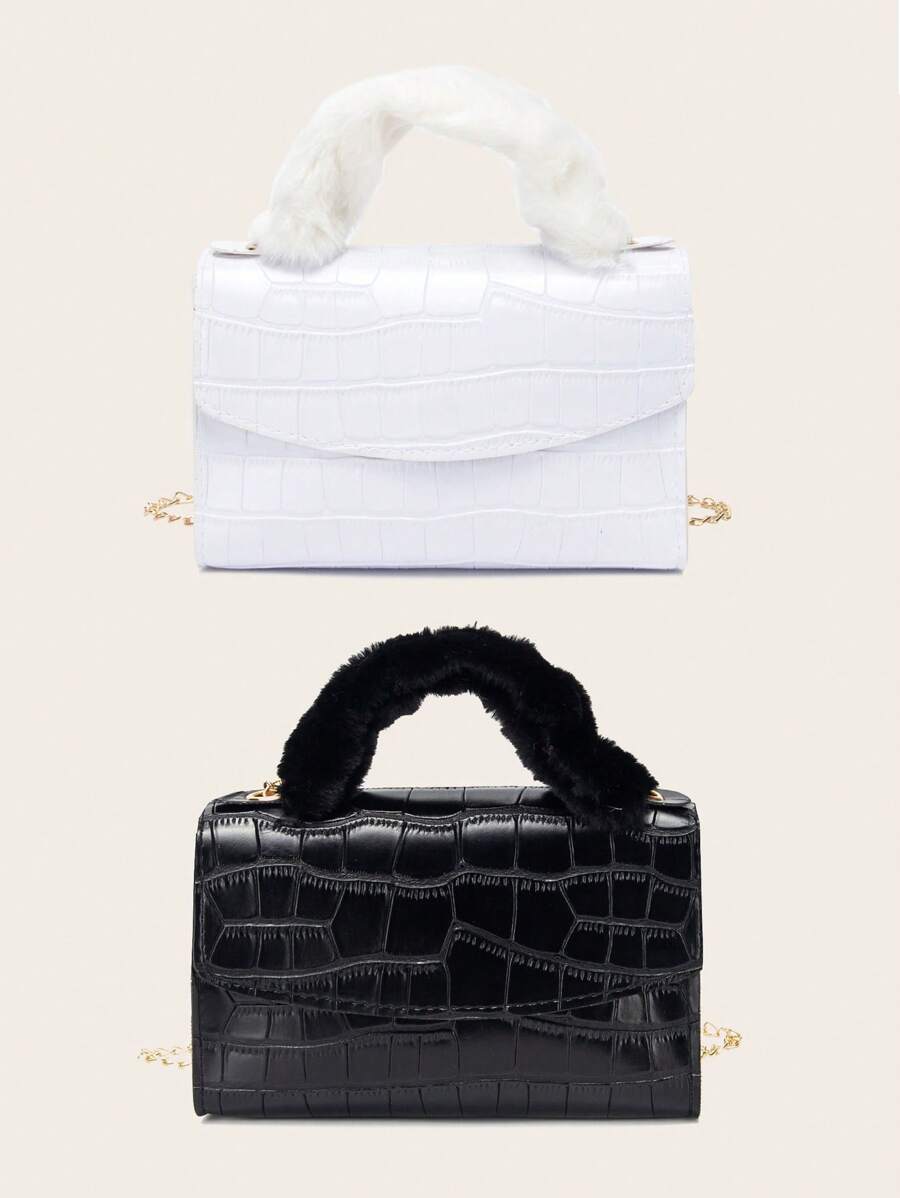 Horizontal Fluffy Crocodile Pattern Wrist Clutch Handbag