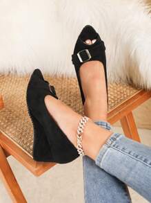 Novos 2025 Peep Toe Wedge Heels, Cor preta, Sapatos de trabalho casuais, Decoração de borboleta, Verão