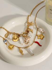 1 件时尚不锈钢珍珠心形项链，高品质定制钛钢锁骨链