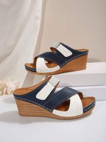 Women's New Summer Casual Retro Hollow-Out Versatile Fashion Anti-Slip Breathable Contrast Color Sandals, Buckle Hook And Loop Platform Mid-Heel Slides - Blue and White - View 2