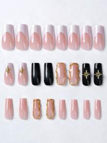 Y2K 24 片长方形按压指甲复古星镜粉法式秋冬经典假指甲带 1 个果冻胶和 1 个锉刀条美甲用品