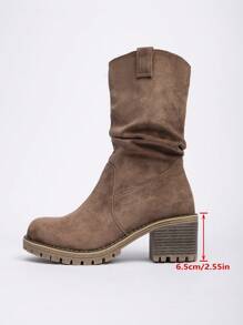 2024 Autumn/Winter New Fashion Women Boots, Casual Rider Boots, Suede Round Toe Winter Boots, Chunky Heel Western Cowboy Boots, Retro Versatile Brown Boots, Platform Mid-Calf Boots, Slip-On Women Winter Boots, Suitable For Casual, Office And Daily Wear,Party - Brown - View 12