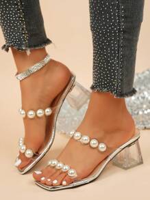 Women's Pearl Transparent Slippers Crystal Chunky Heel Sandals, Fashionable And Versatile High Heels For Summer - Silver - View 5