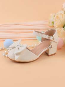 Girls Flower Embellished Chunky Heel Formal Dress, Suitable For Flower Girl, Dance, Wedding, Party, Ballet, Everyday Wear. White Color, Girls Hook And Loop Strap Dress Shoes For Children Of All Sizes