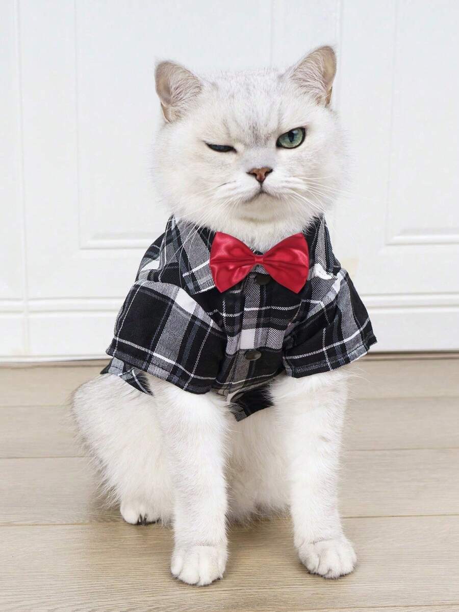 1pc Red Bow Tie & Black White Plaid Pet Shirt Set, Suitable For Indoor/Outdoor Wedding Outfit For Cats & Dogs