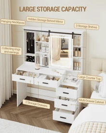 Hzuaneri Dressing Table With Adjustable LED Lights, Removable Large Mirror, With Jewellery Storage, Open Shelves, 5 Drawers, With Beside Table, For Bedroom, White - White - View 6