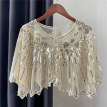 Vintage 1920s Flapper Shawl Sequin Beaded Short Cape Beaded Decoration Gatsby Party Mesh Short Cover Up Dress Accessory