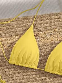 Bộ bikini dự tiệc PEPPERMOLLY mới, màu trơn, dây mảnh, kiểu đan chéo, hở lưng, thích hợp cho mùa hè đi biển, dành cho nữ, màu đen, thích hợp cho kỳ nghỉ. - Màu vàng - Xem 4