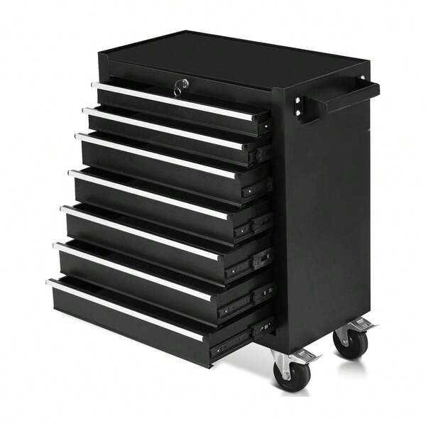 7-Drawer Tool Box With Wheels, 24 Inch Rolling Tool Chest And Organizer For Garage & Workshop, Includes Detachable Top, Lockable Wheels And Sliding Drawers, Essential Tool Chest Cabinet Organizer