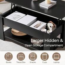 Wooden Coffee Table, Lift Top Coffee Table With Large Hidden Storage Shelf, Lift Tabletop Dining Table For Living Room, Home Small Space, 38.6in, Black - 黑色 - 查看 6