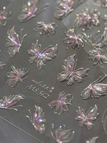 1pc Shiny Butterfly Nail Art Sticker, Delicate Butterfly Nail Sticker Self-Adhesive DIY Hard Nail Decor Sticker - Baby Pink - View 2