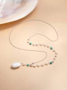 1pc 925 Sterling Silver Natural Pearl & Turquoise Women Necklace, Long Sweater Chain - White - View 2
