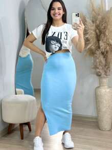 Women's Midi Skirt In Ribbed Fabric - 淺藍色 - 查看 1