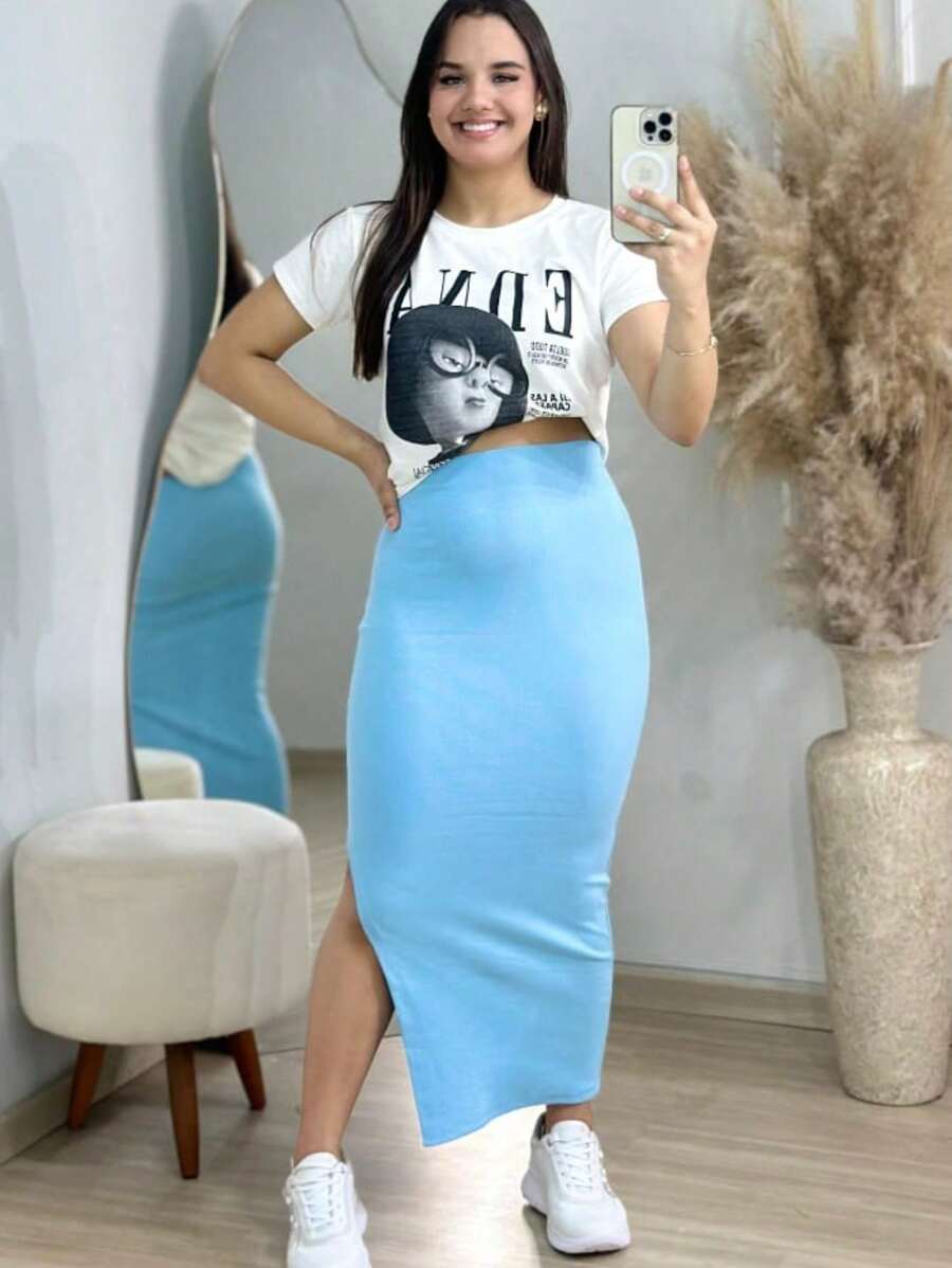 Women's Midi Skirt In Ribbed Fabric - 淺藍色 - 查看 1