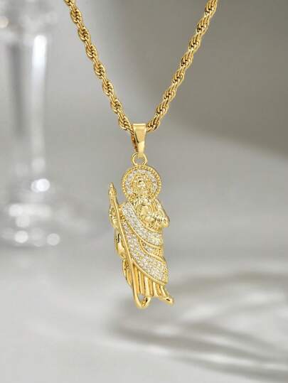 1pc Men's Vintage Stainless Steel Plated Gold Twisted Necklace + Religious Saint Jude Figurine Copper Zirconia Crystal Pendant, Iced Out Hip-Hop Style Jewelry, Luxurious And Sophisticated Accessory For Everyday Wear