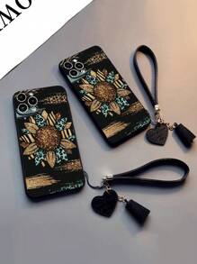 1pc Perforated Straight Edge Leopard Flower Pattern Thickened Anti-Drop Painted Phone Case With New Style Leather Heart Phone Lanyard, DIY Leather Tassel Phone Pendant, Short Wristband Accessory,International Version, Not The Domestic Version - Multicolor - View 3