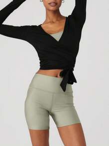 Women Y2k Long Sleeve Workout Tops Cross Wrap Tie Tops Sexy Deep V Neck Bandage Surplice Wrap Crop Top Solid Color Casual Slim Fit T-Shirts Fitness Gym Yoga Athletic Blouses Tops Sportswear Dance Ballet Dancewear - 黑色 - 查看 3