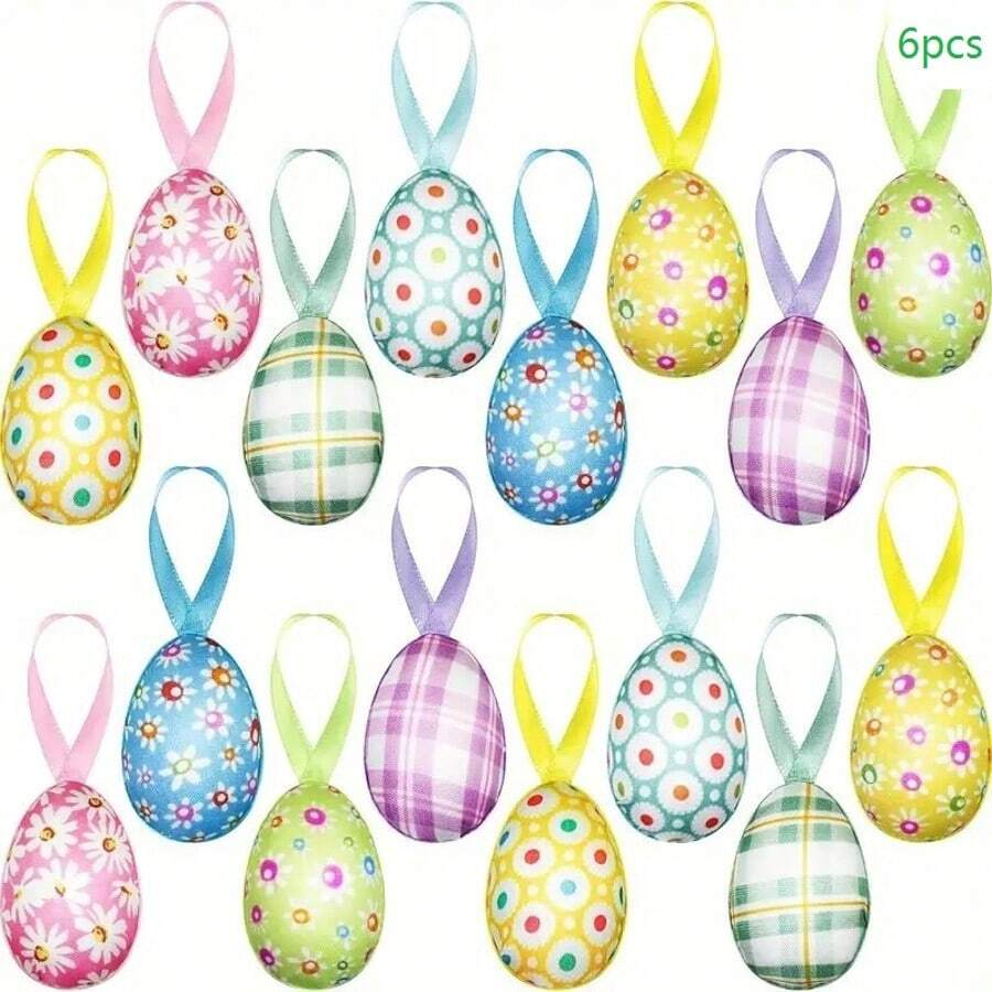6 件复活节装饰彩蛋，用织物包裹的泡沫彩蛋，复活节悬挂彩蛋饰品