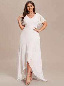 EVERPRETTY Plus Elegant Short Sleeve Asymmetric Hem White Dress Bridal Shower Dress For Single Party Wedding Dress For Bride